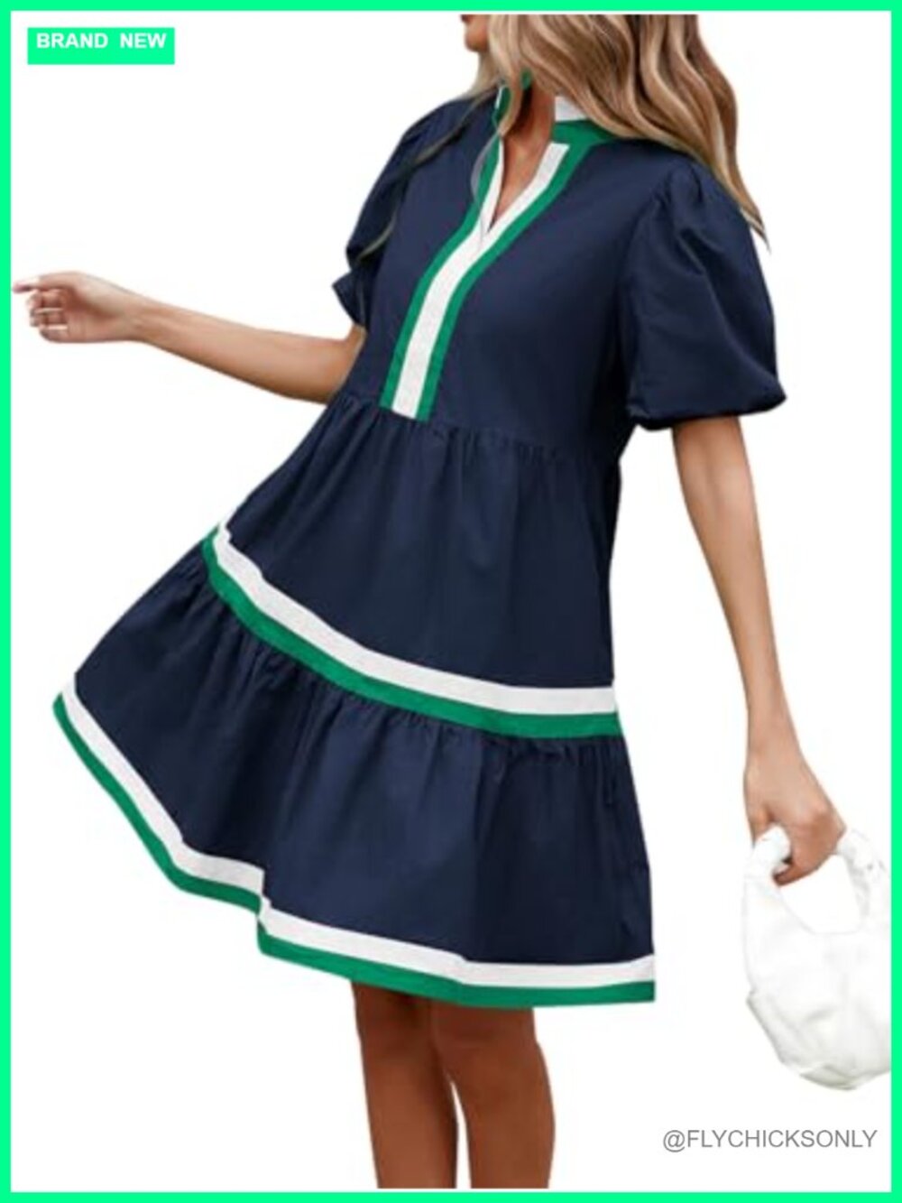 Women's Puff Sleeve Babydoll Dress V Neck Tiered Mini Cotton